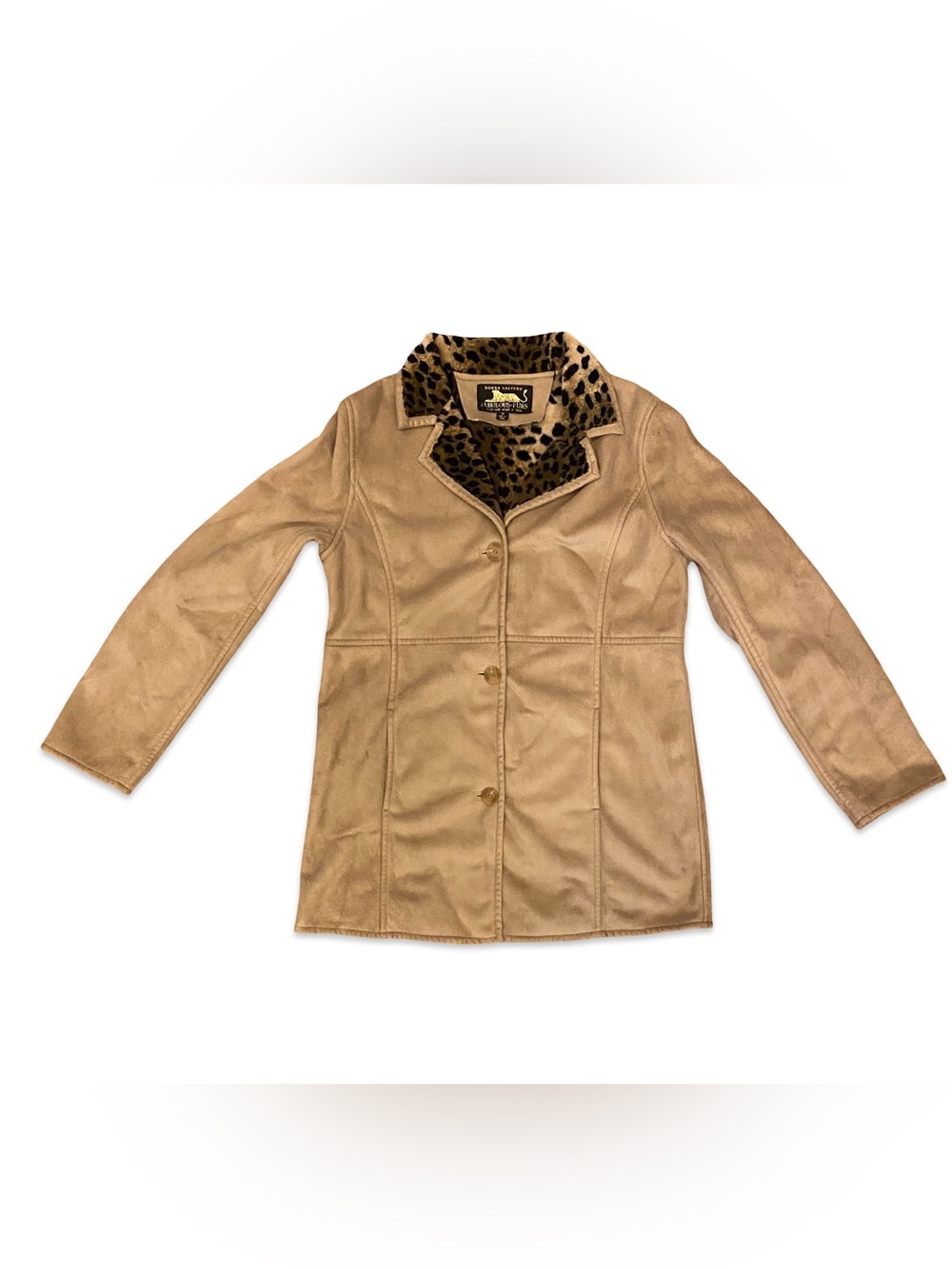 Donna Salyers Fabulous Furs Tan Suede Jacket Leopard Print lining - Size Medium